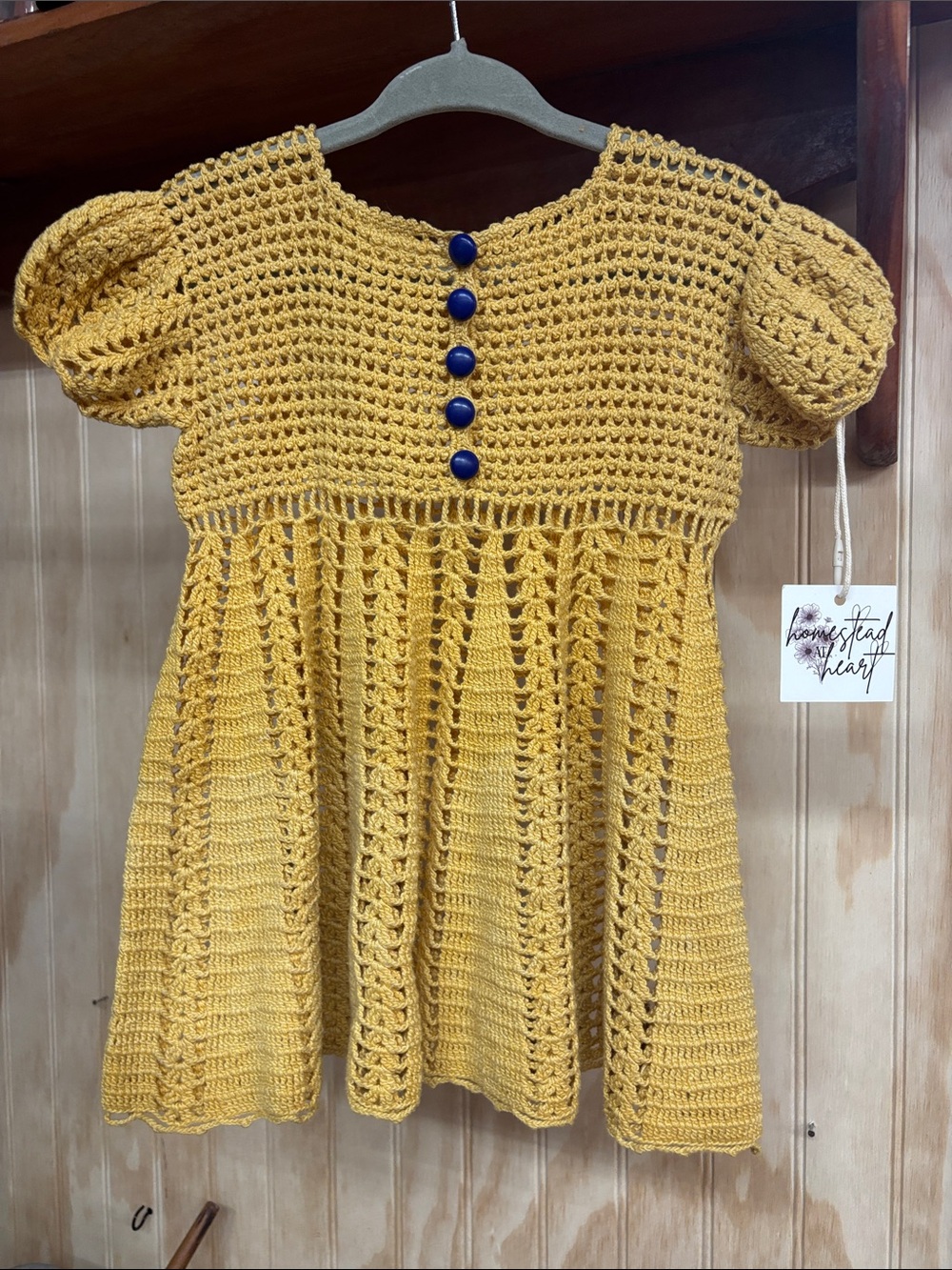 Vintage Girls' Mustard Crochet Dress Top with Navy Buttons